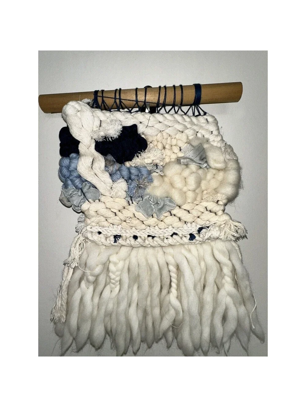 Handmade Roving Wool Velvet Tapestry Wall Hanging Bohemian Boho Ivory Blue 15